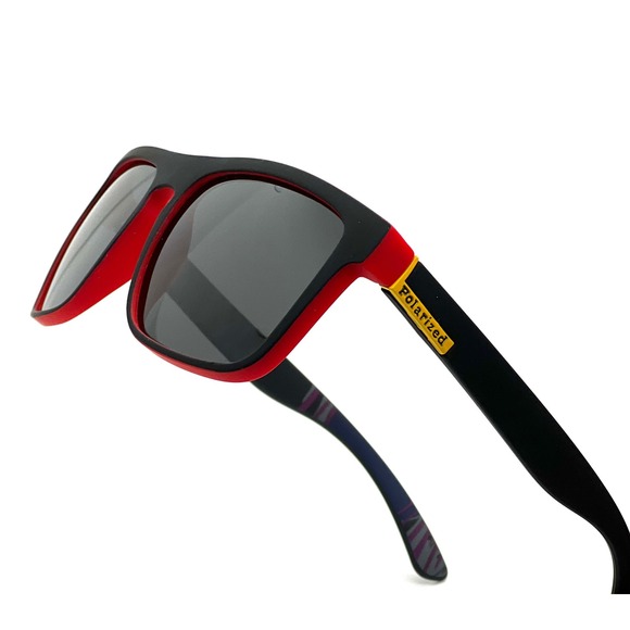 Mens Polarized Sunglasses Black Red Frame Sporty Style Wrap Around UV Protection - Picture 5 of 12